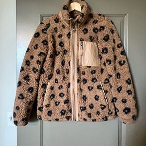 Leopard print Sherpa jacket with faux leather accents
